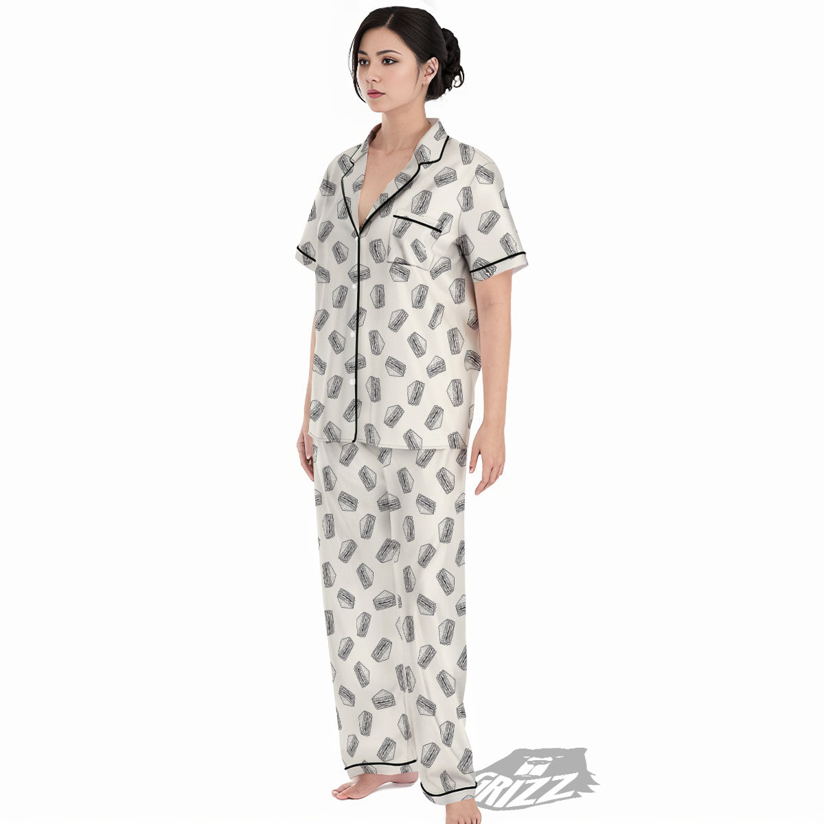 Sandwich Grey Doodle Print Pattern Women's Pajamas Set-grizzshop