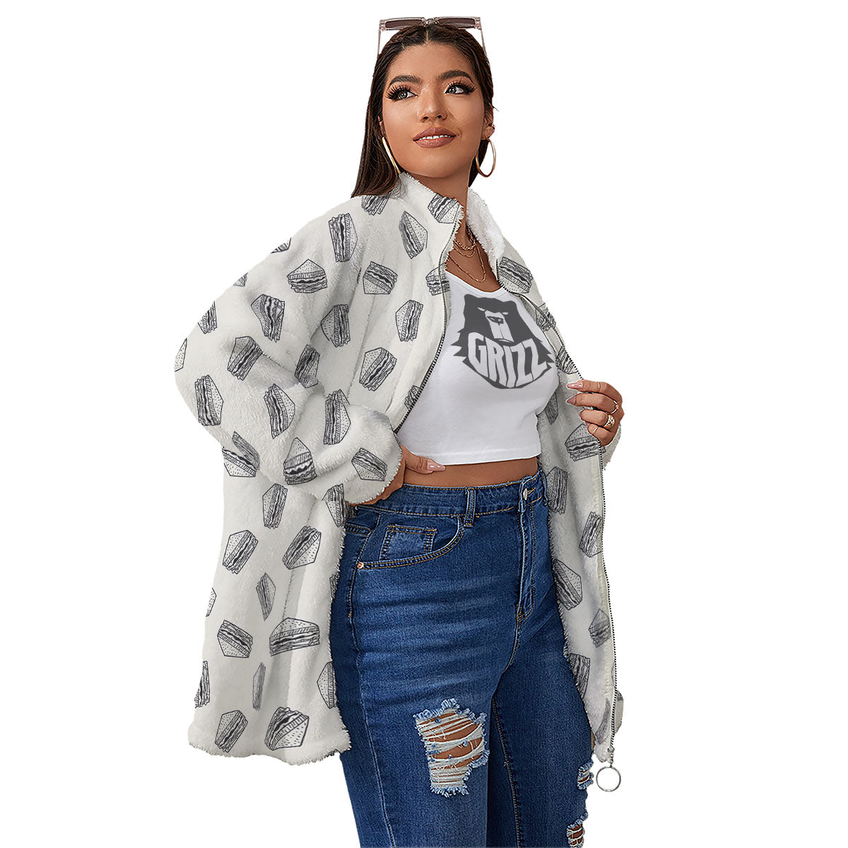 Sandwich Grey Doodle Print Pattern Women's Sherpa Jacket-grizzshop