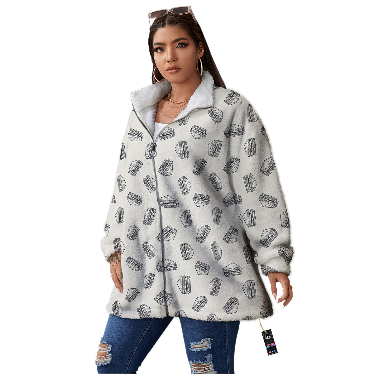 Sandwich Grey Doodle Print Pattern Women's Sherpa Jacket-grizzshop
