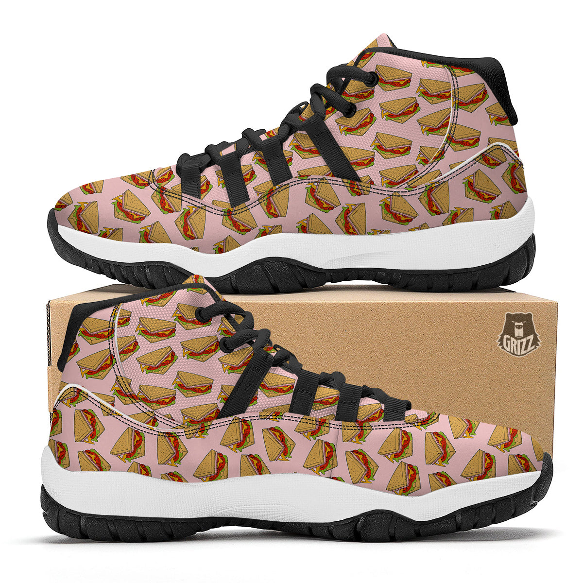 Sandwich Hand Drawn Pink Print Pattern Black Bball Shoes-grizzshop