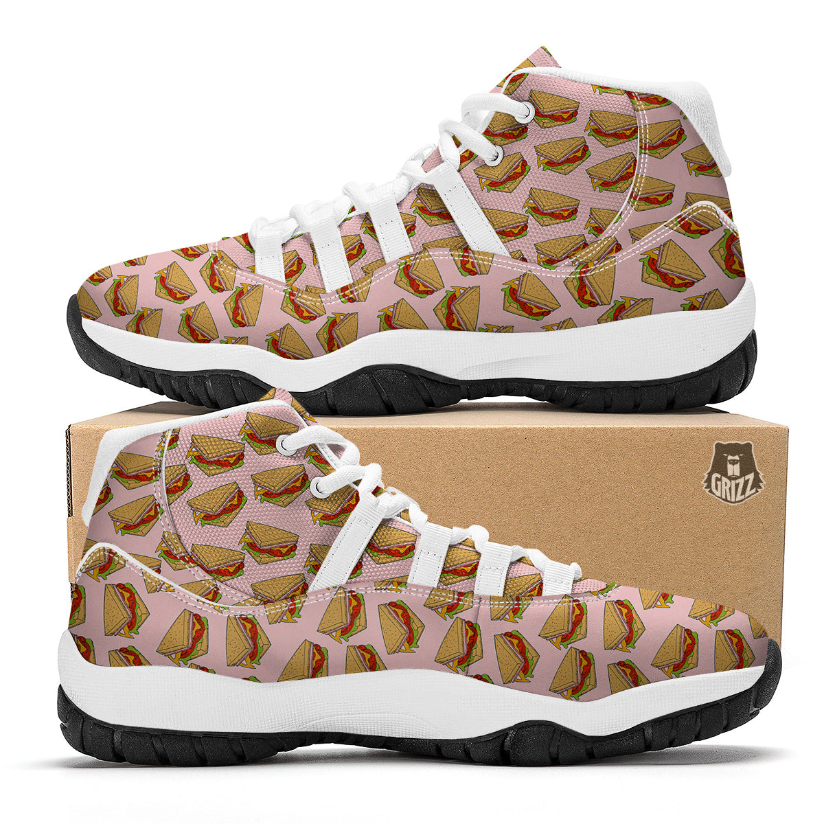 Sandwich Hand Drawn Pink Print Pattern White Bball Shoes-grizzshop