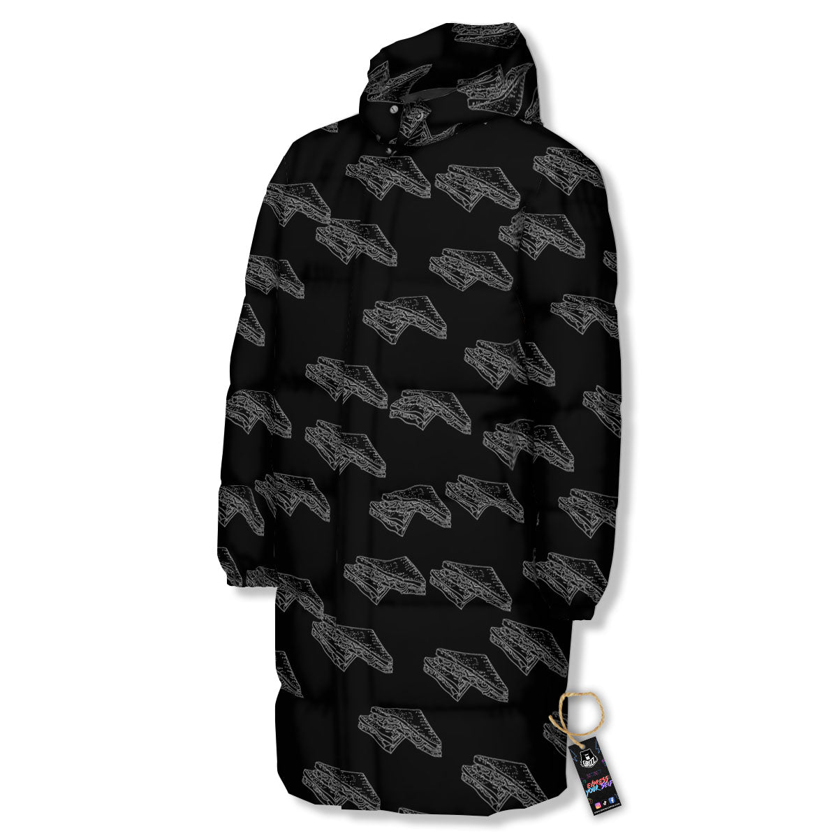 Sandwich Black Doodle Print Pattern Long Down Jacket