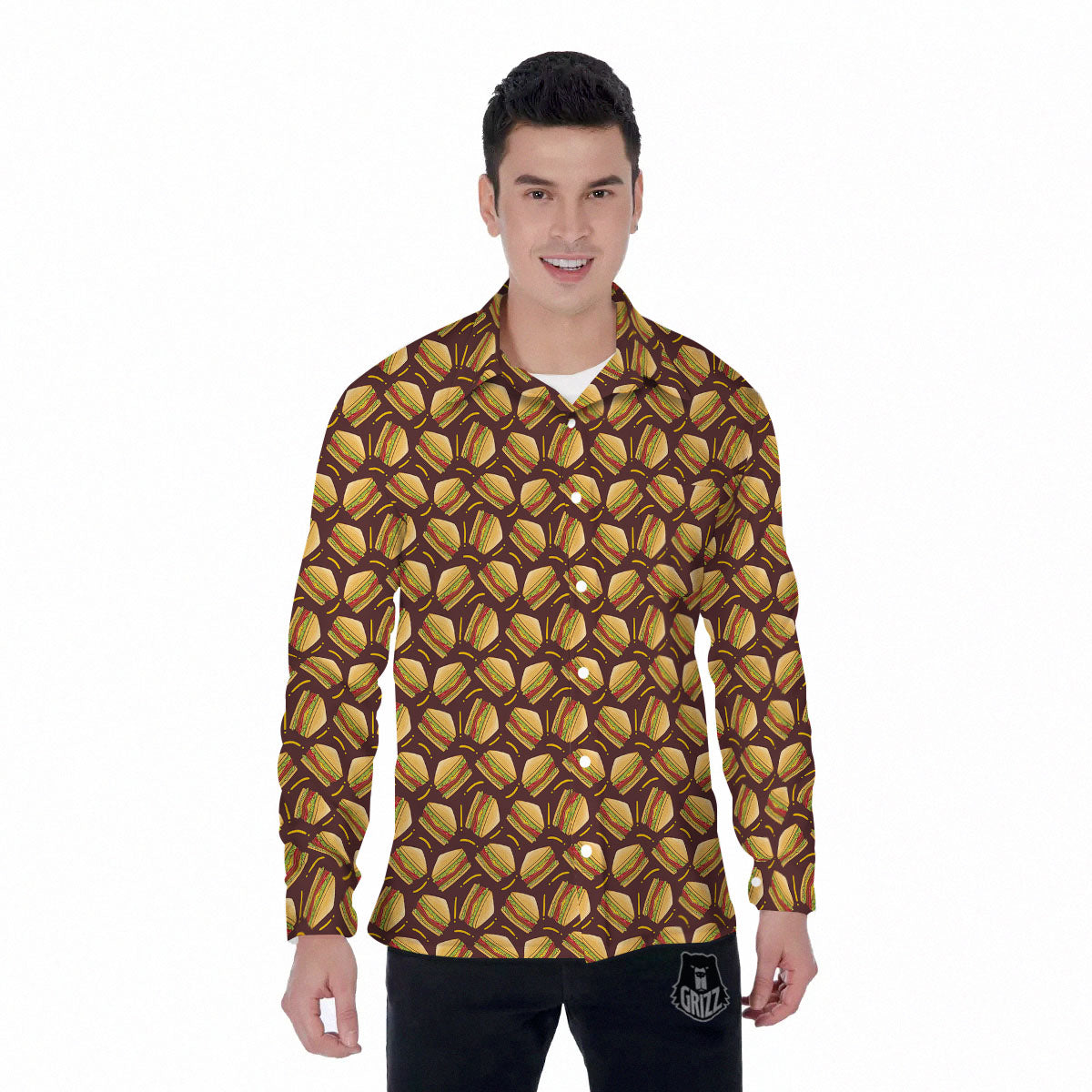 Sandwiches Brown Print Pattern Men's Long Sleeve Shirts-grizzshop