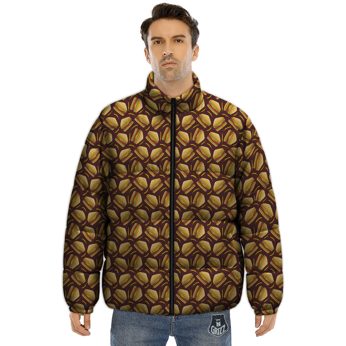 Sandwiches Brown Print Pattern Puffer Jacket-grizzshop