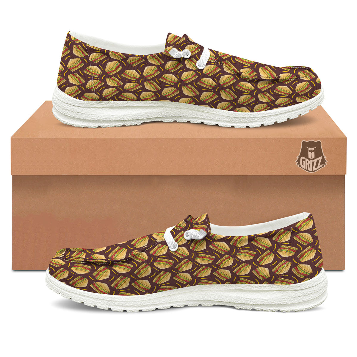 Sandwiches Brown Print Pattern White Loafers-grizzshop