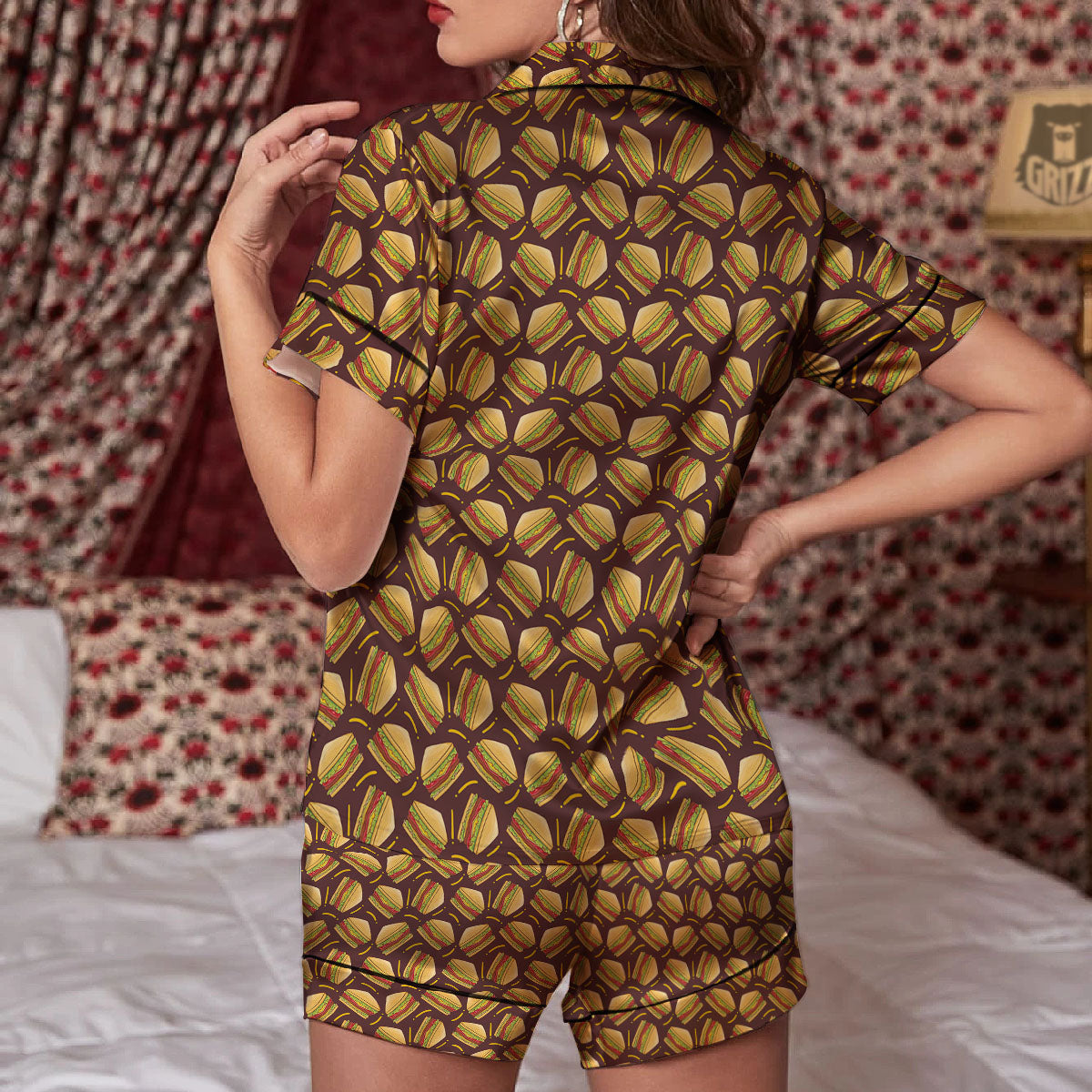 Sandwiches Brown Print Pattern Women Silk Pajamas-grizzshop