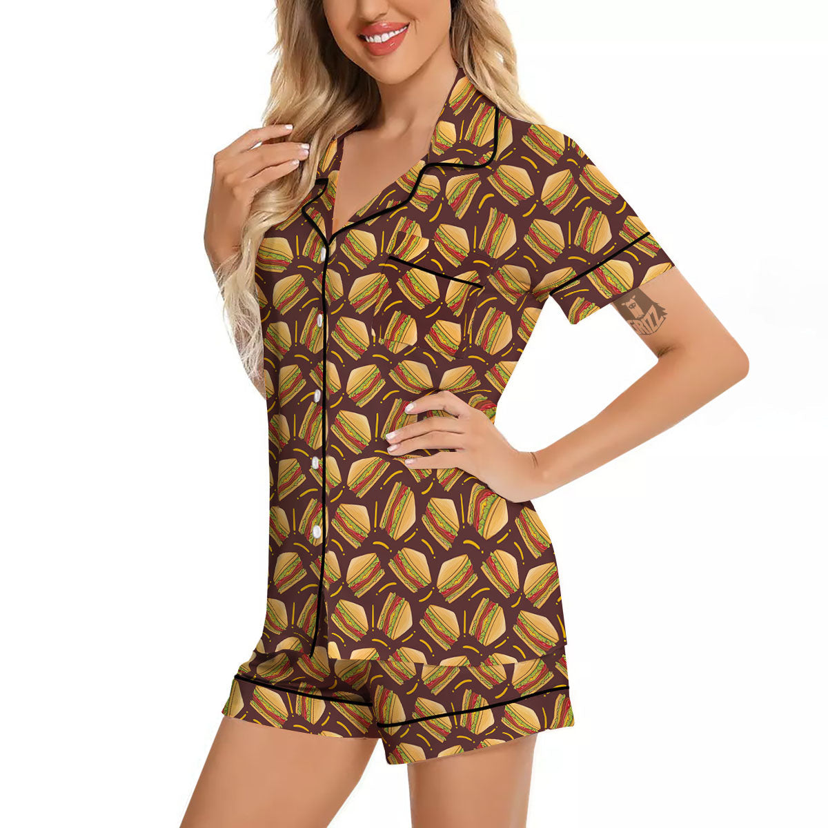 Sandwiches Brown Print Pattern Women Silk Pajamas-grizzshop