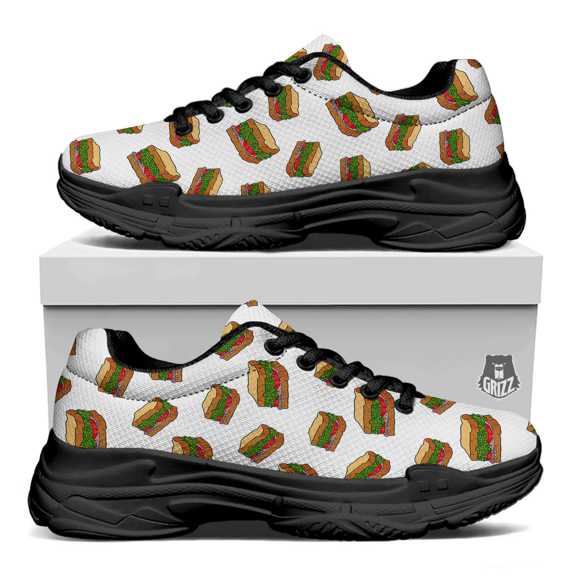 Sandwiches White Print Pattern Black Chunky Shoes-grizzshop