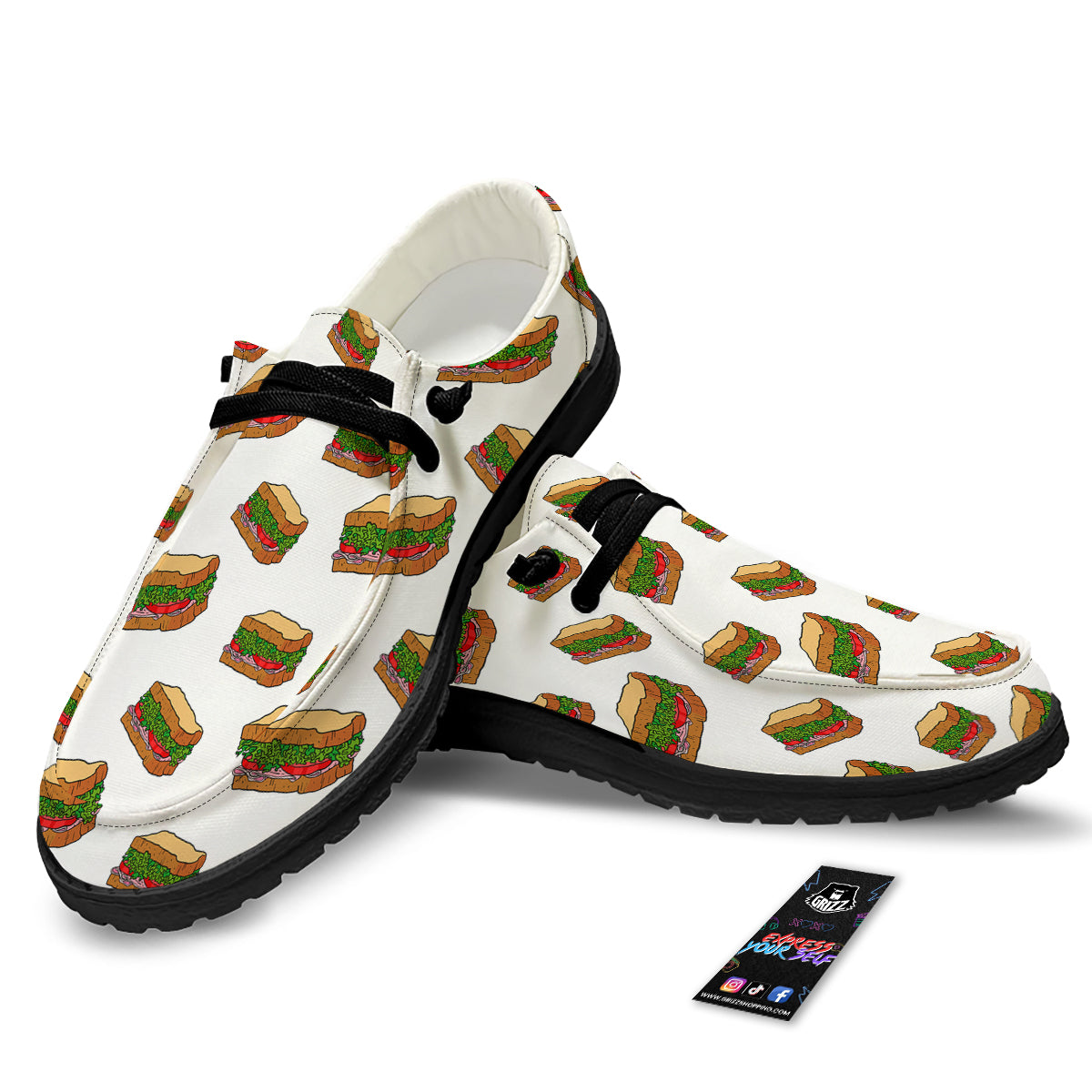 Sandwiches White Print Pattern Black Loafers-grizzshop