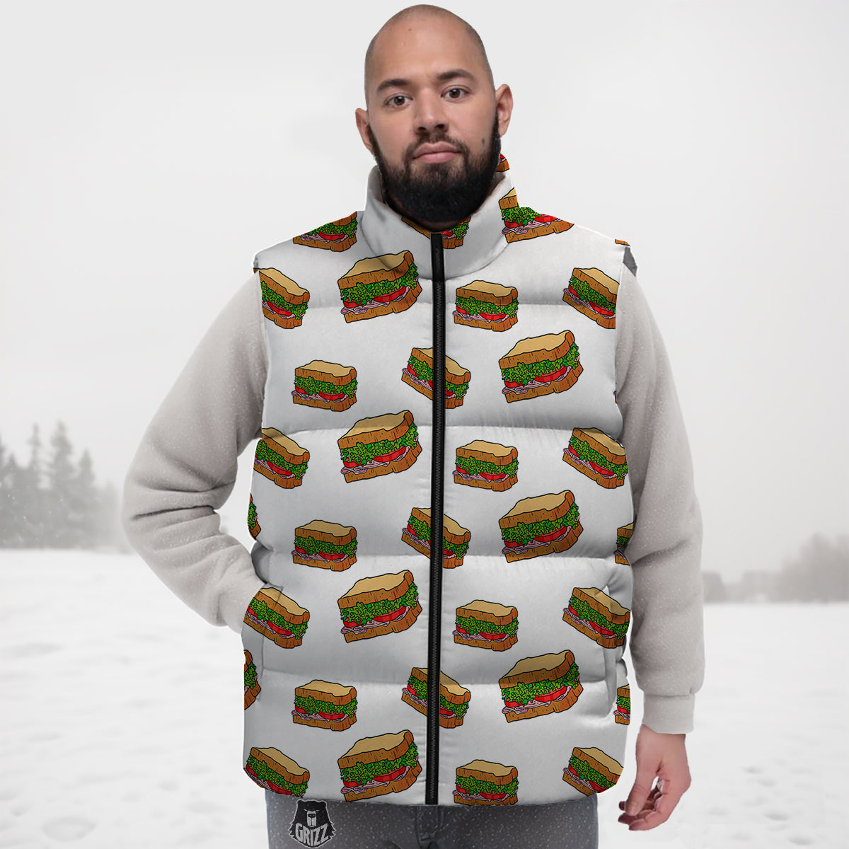 Sandwiches White Print Pattern Down Vest