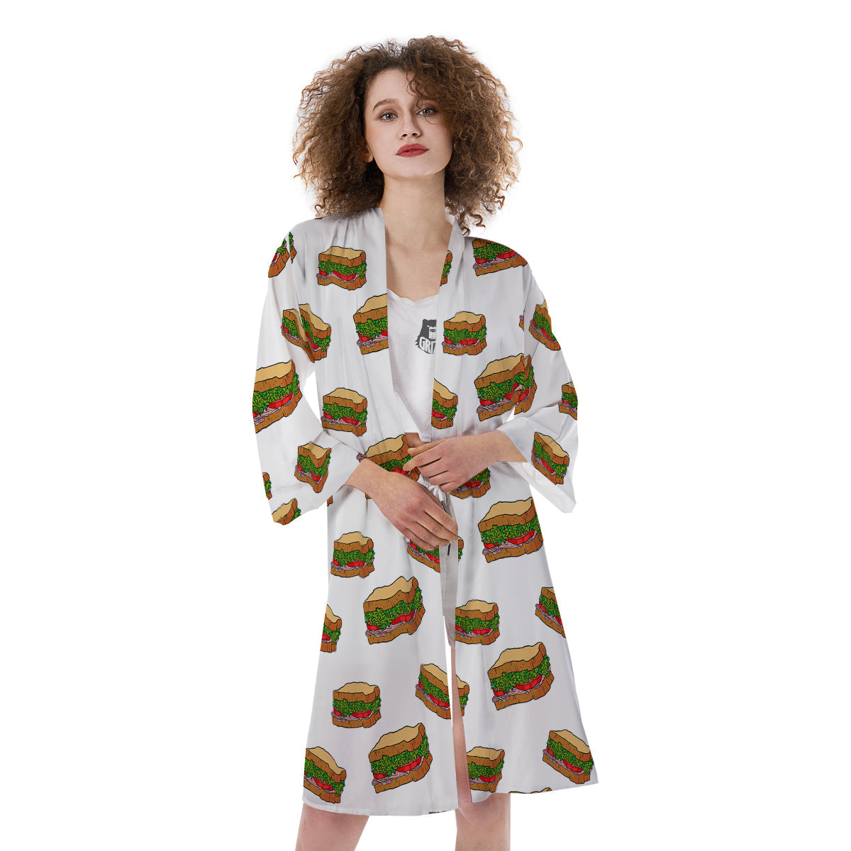 Sandwiches White Print Pattern Kimono-grizzshop