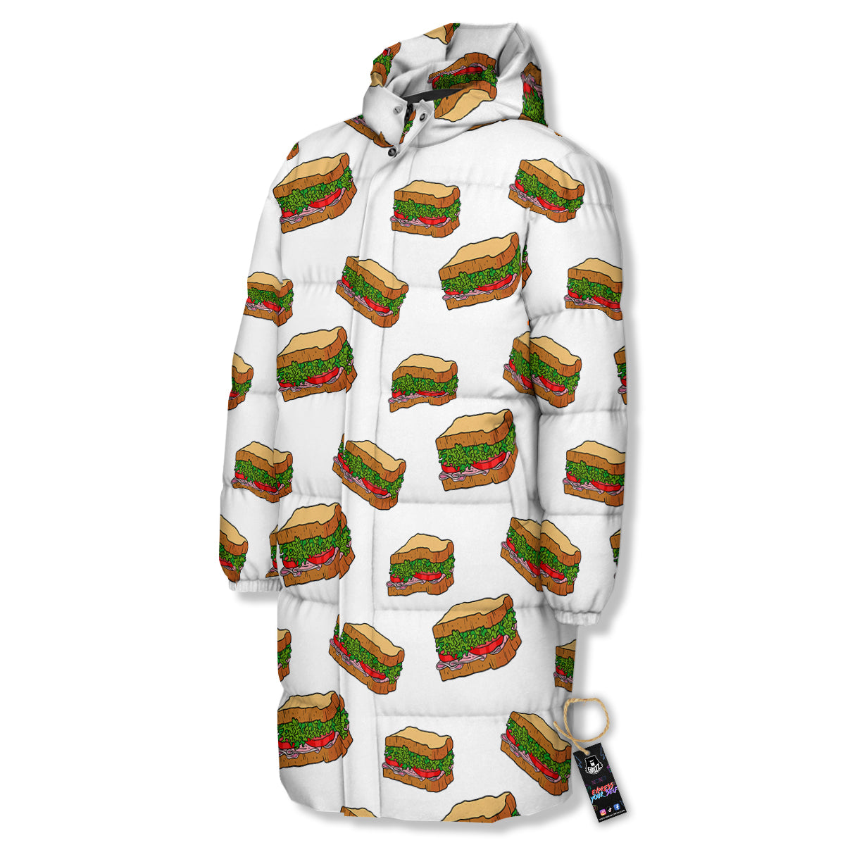 Sandwiches White Print Pattern Long Down Jacket-grizzshop