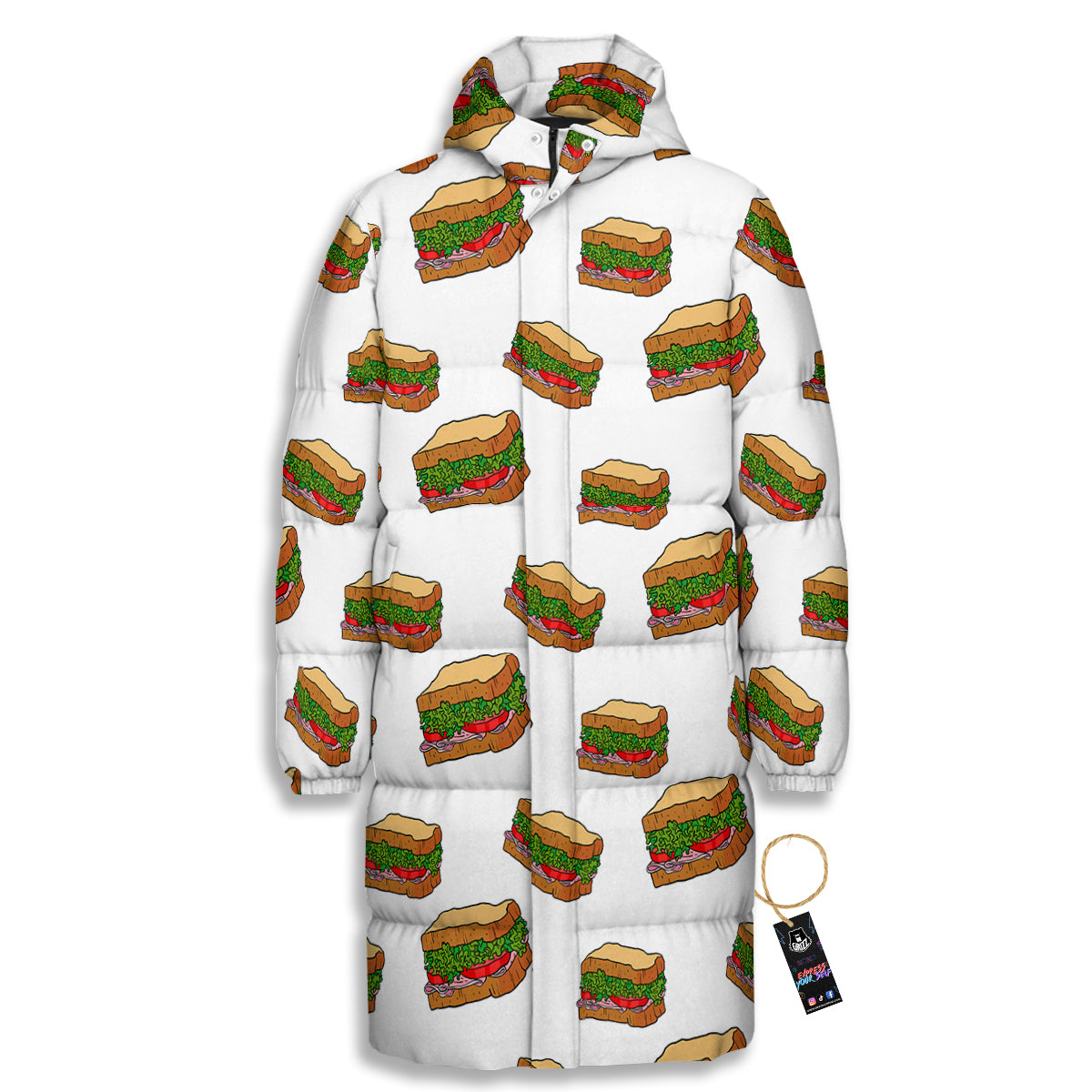 Sandwiches White Print Pattern Long Down Jacket-grizzshop