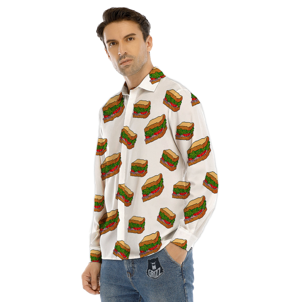 Sandwiches White Print Pattern Men's Dress Shirts-grizzshop