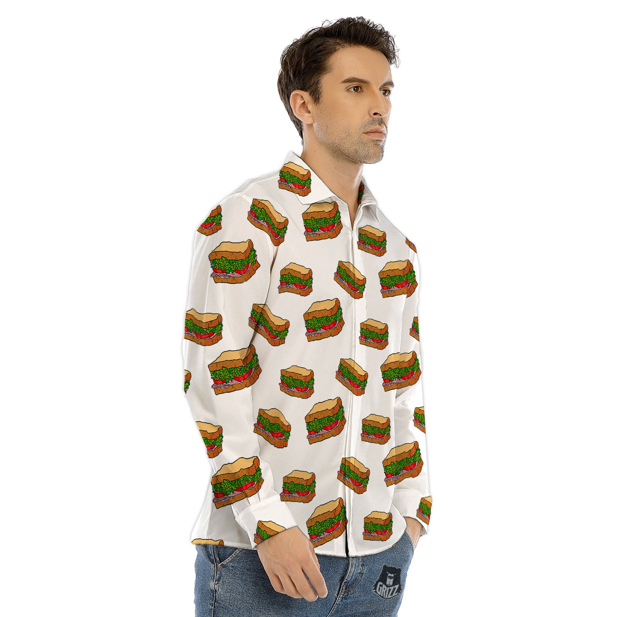 Sandwiches White Print Pattern Men's Dress Shirts-grizzshop