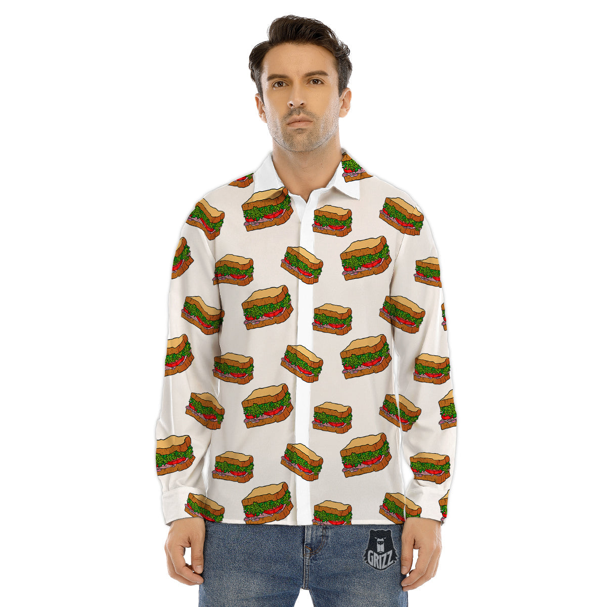 Sandwiches White Print Pattern Men's Dress Shirts-grizzshop