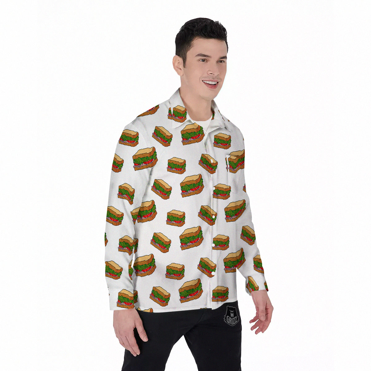 Sandwiches White Print Pattern Men's Long Sleeve Shirts-grizzshop