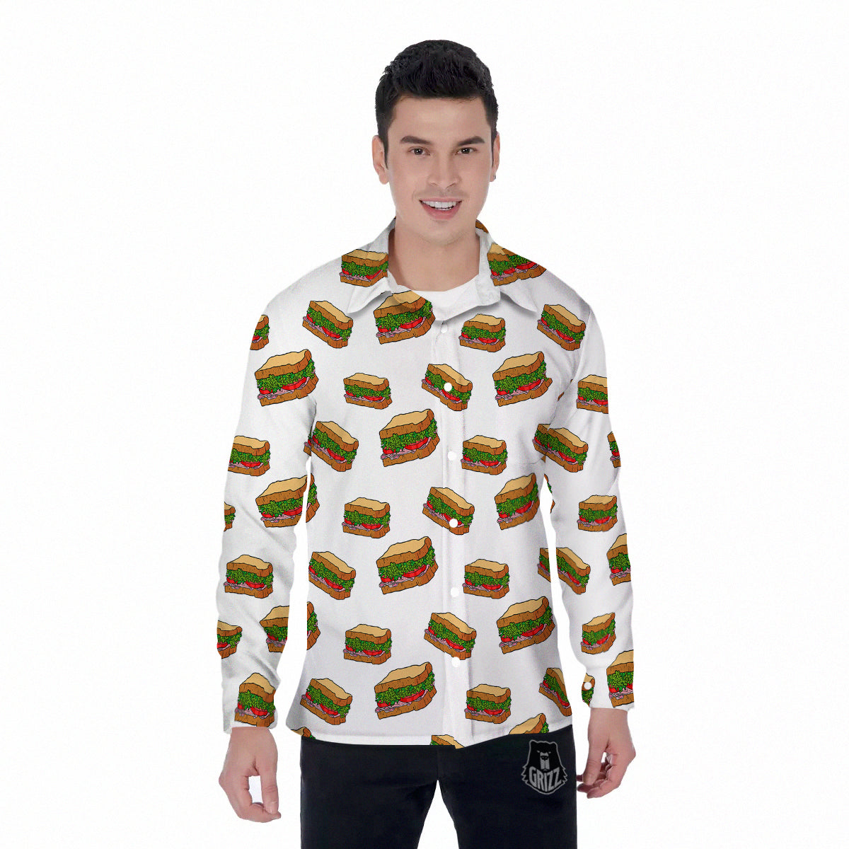 Sandwiches White Print Pattern Men's Long Sleeve Shirts-grizzshop