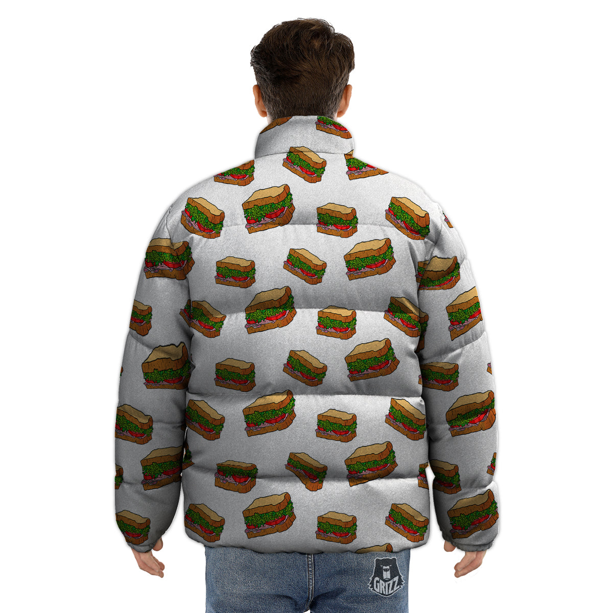 Sandwiches White Print Pattern Puffer Jacket-grizzshop