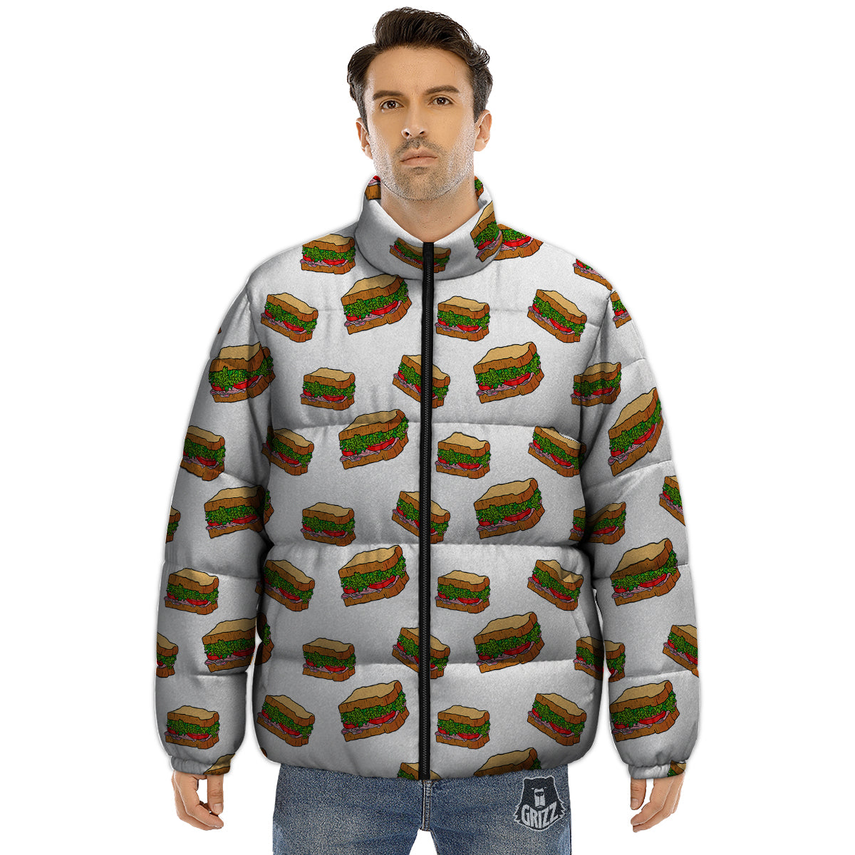 Sandwiches White Print Pattern Puffer Jacket-grizzshop