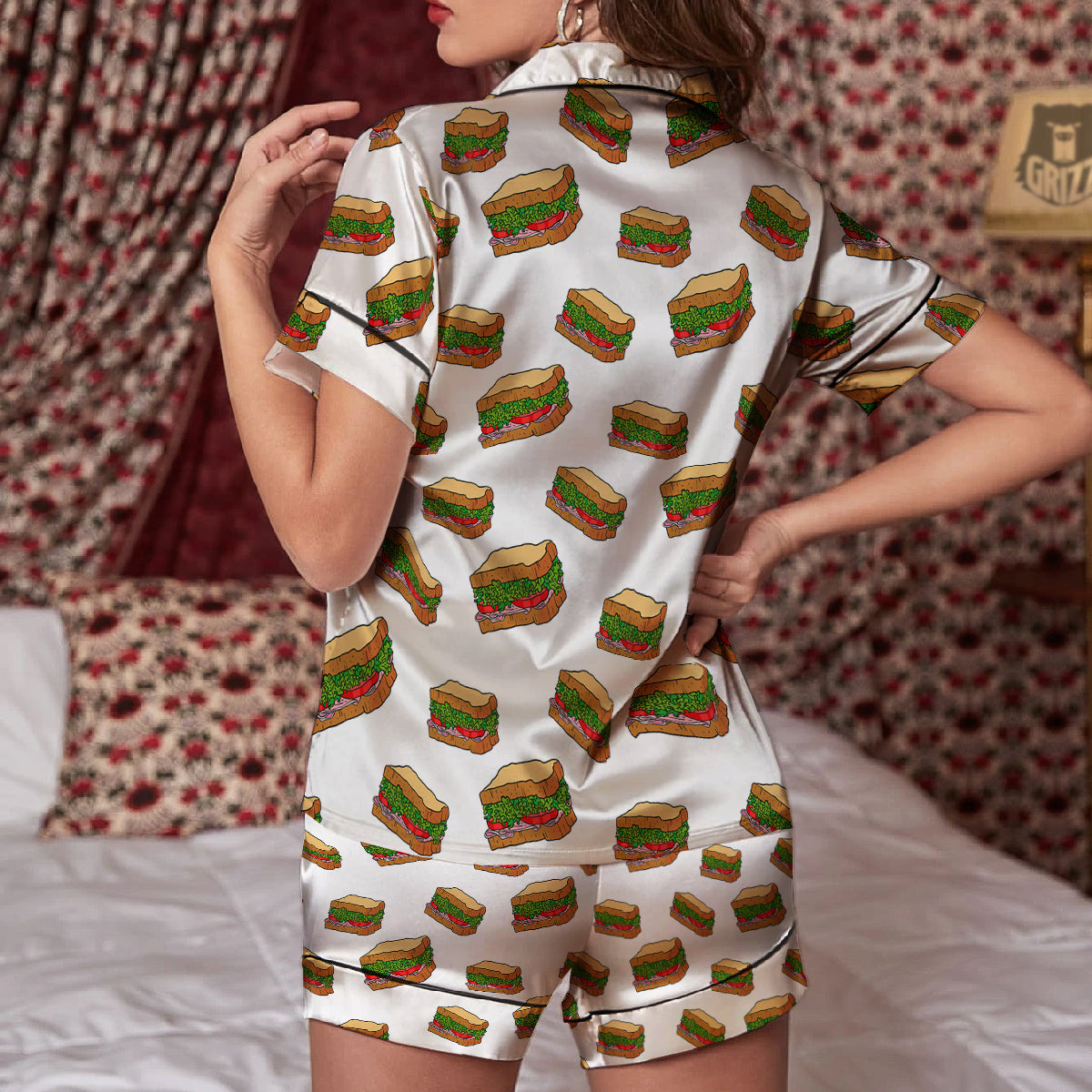 Sandwiches White Print Pattern Women Silk Pajamas-grizzshop