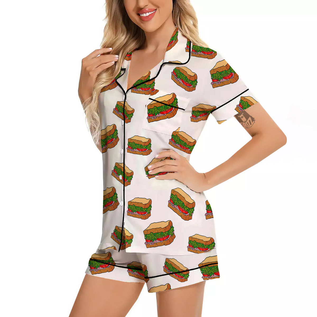 Sandwiches White Print Pattern Women Silk Pajamas-grizzshop