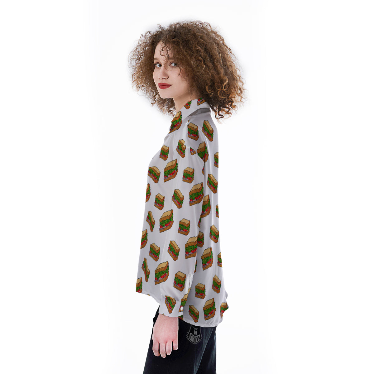 Sandwiches White Print Pattern Women's Long Sleeve Shirts-grizzshop