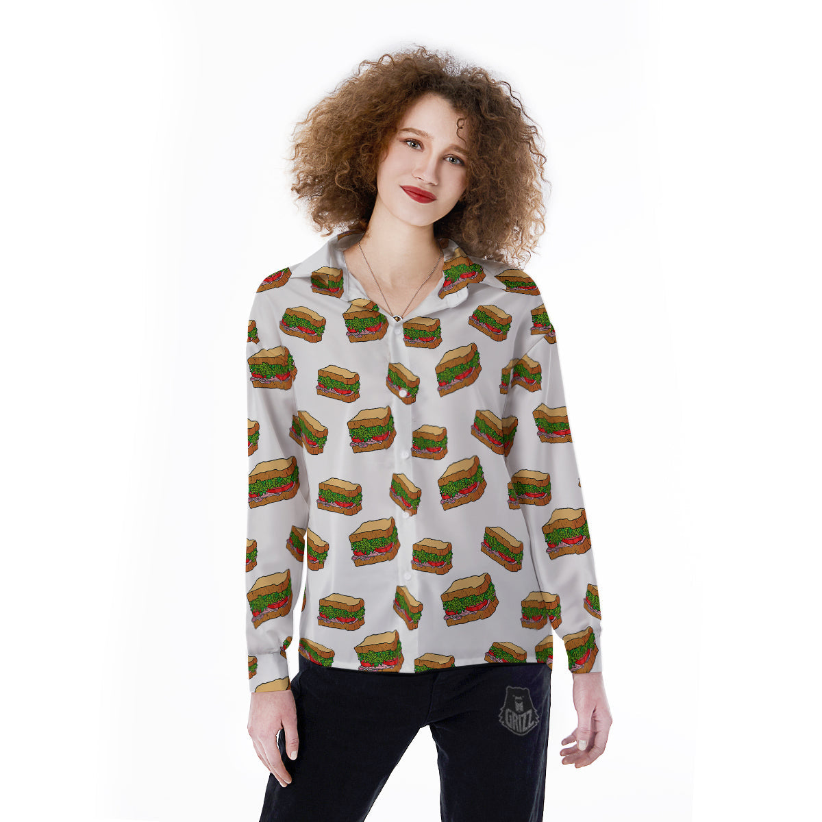 Sandwiches White Print Pattern Women's Long Sleeve Shirts-grizzshop