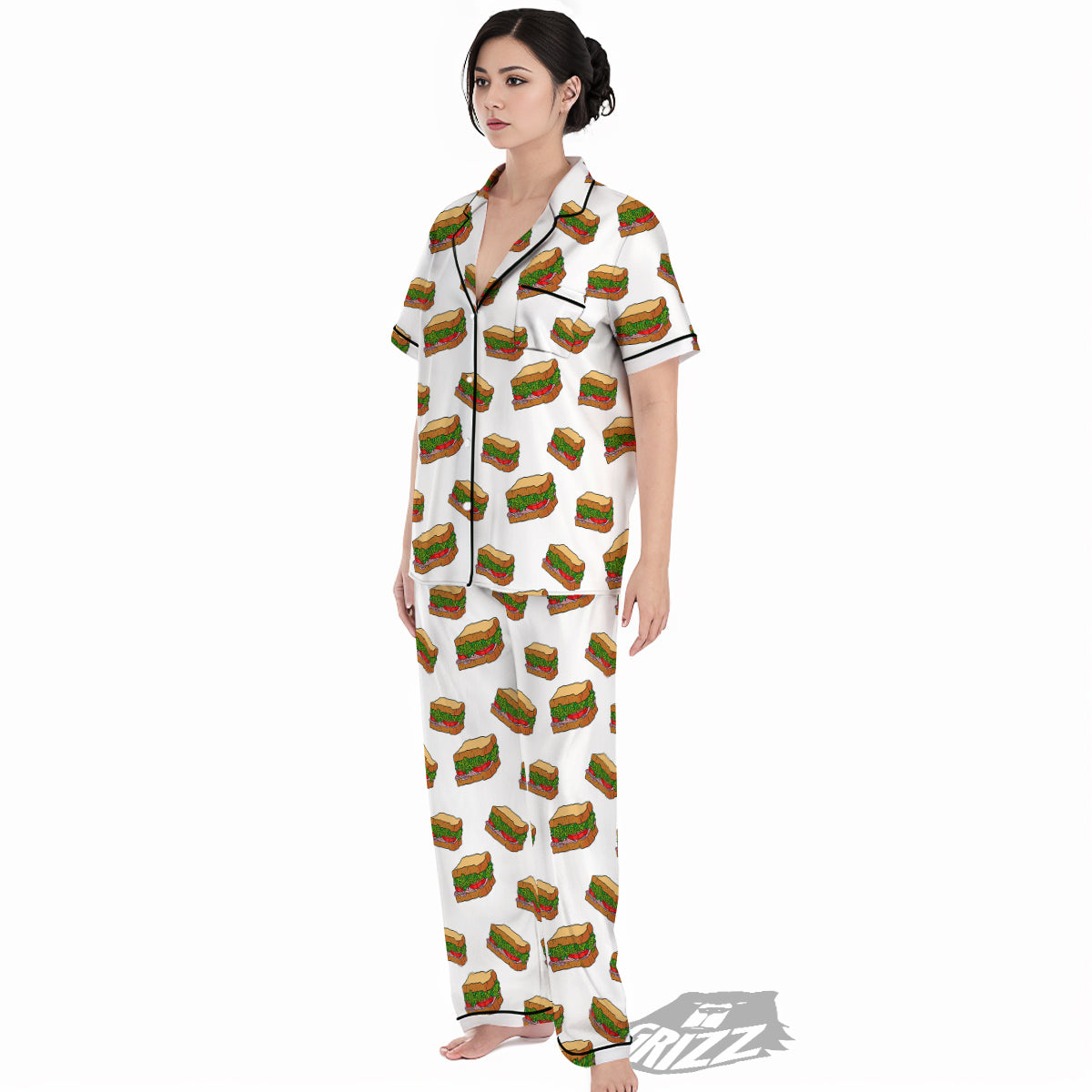 Sandwiches White Print Pattern Women's Pajamas Set-grizzshop