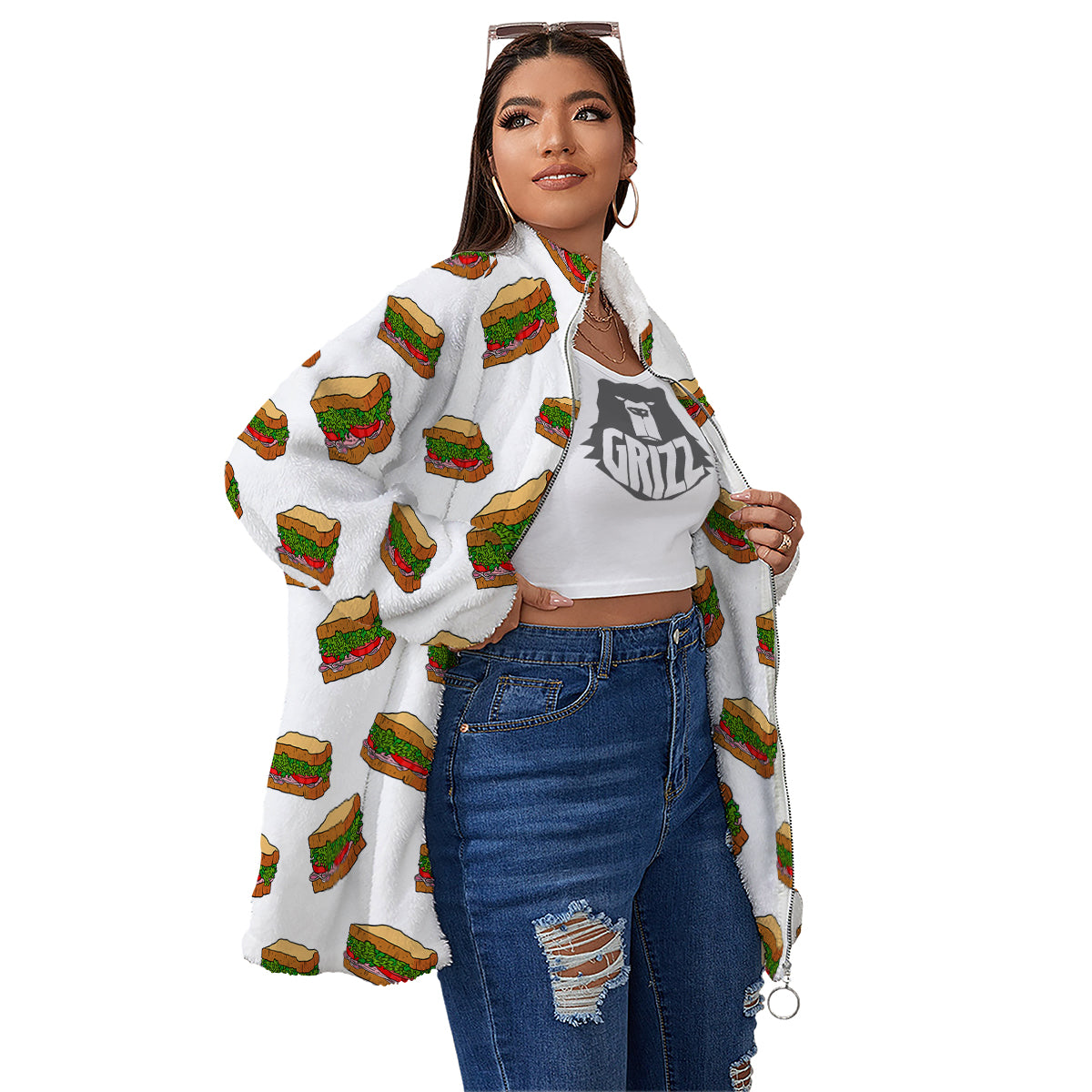Sandwiches White Print Pattern Women's Sherpa Jacket-grizzshop