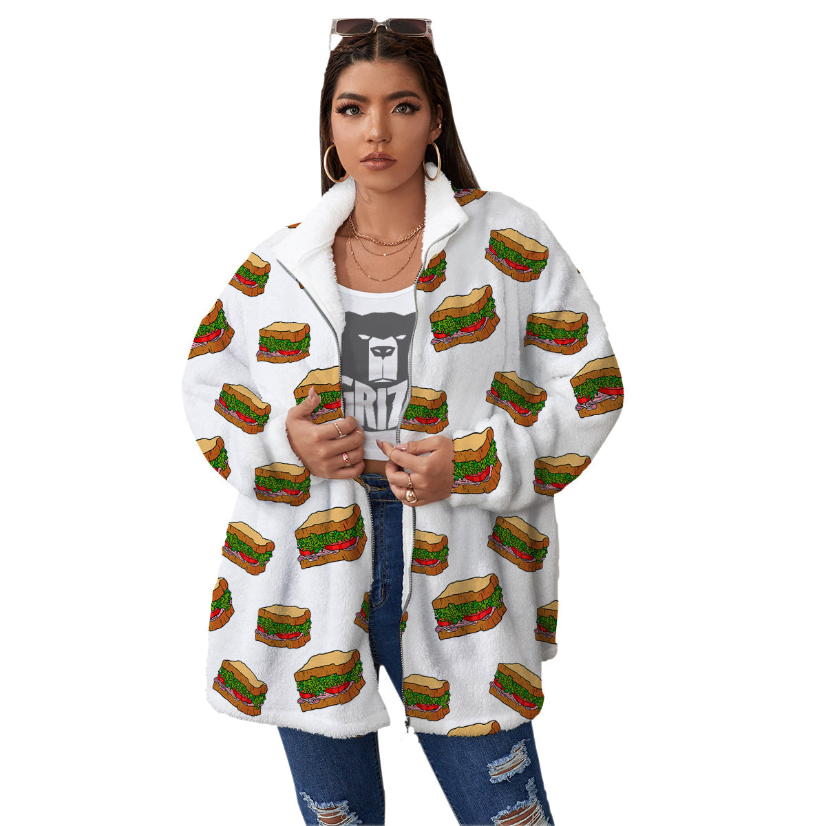 Sandwiches White Print Pattern Women's Sherpa Jacket-grizzshop