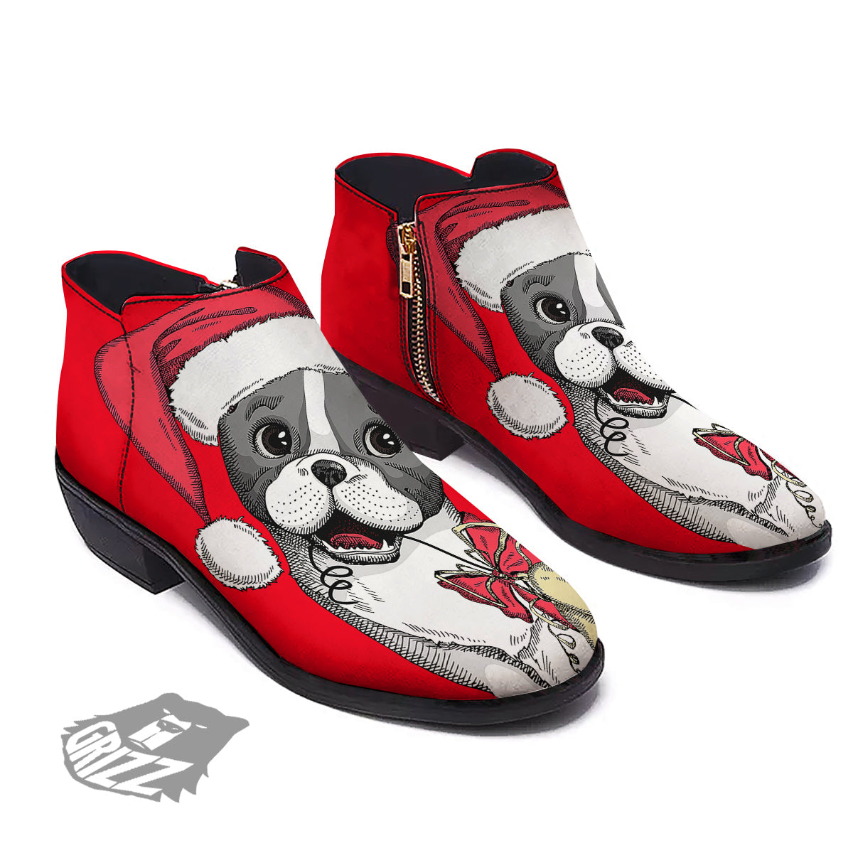 Santa Christmas French Bulldog Print Ankle Boots-grizzshop