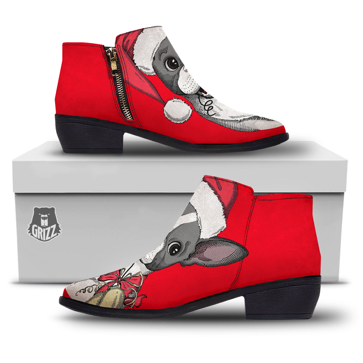 Santa Christmas French Bulldog Print Ankle Boots-grizzshop