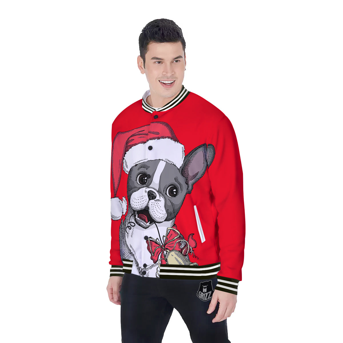 Santa Christmas French Bulldog Print Baseball Jacket-grizzshop