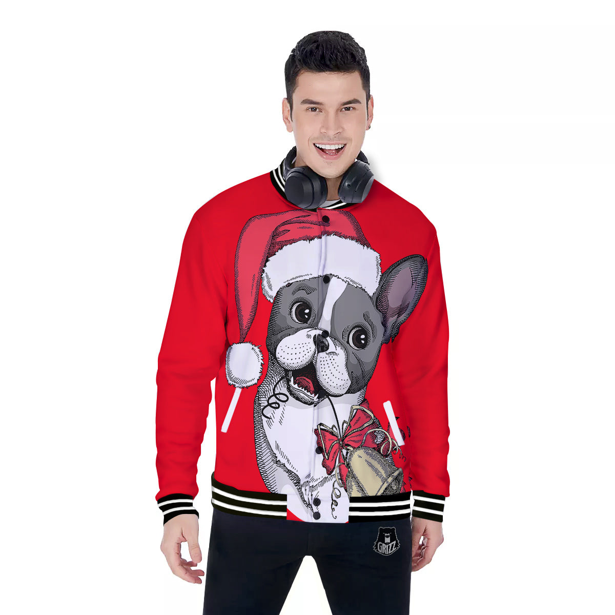 Santa Christmas French Bulldog Print Baseball Jacket-grizzshop