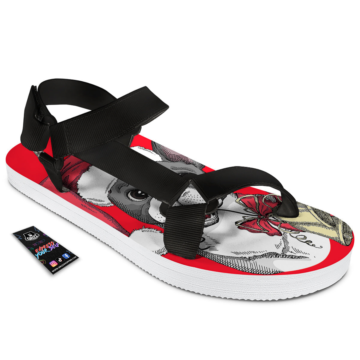 Santa Christmas French Bulldog Print Black Open Toe Sandals-grizzshop