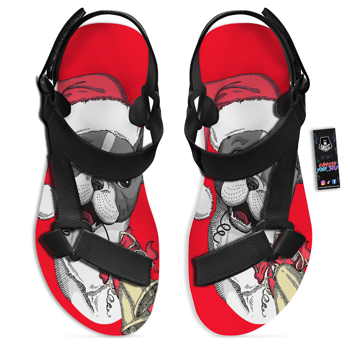 Santa Christmas French Bulldog Print Black Open Toe Sandals-grizzshop