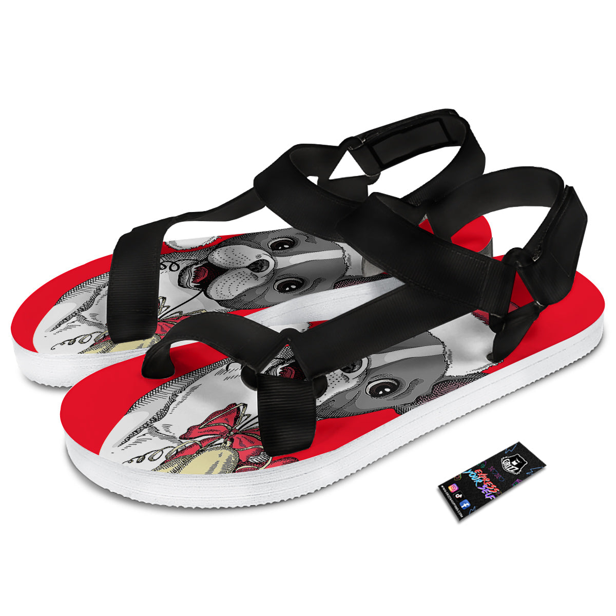 Santa Christmas French Bulldog Print Black Open Toe Sandals-grizzshop