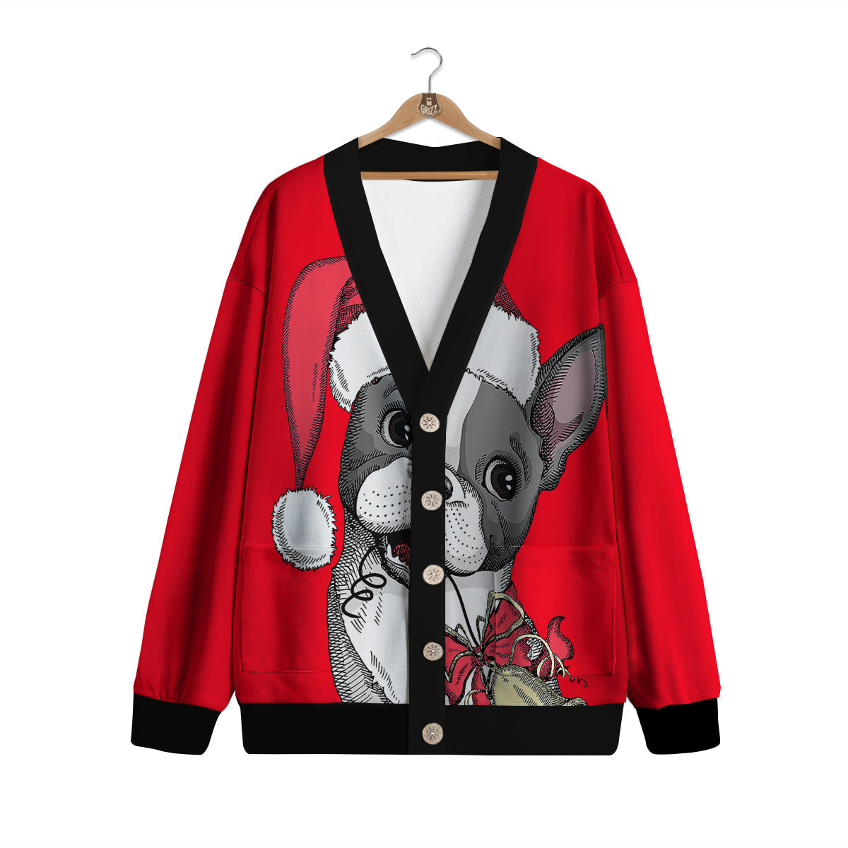 Santa Christmas French Bulldog Print Cardigan-grizzshop