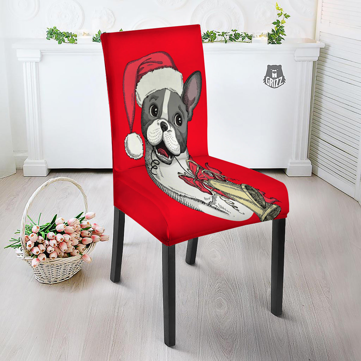 Santa Christmas French Bulldog Print Dining Chair Slipcover-grizzshop