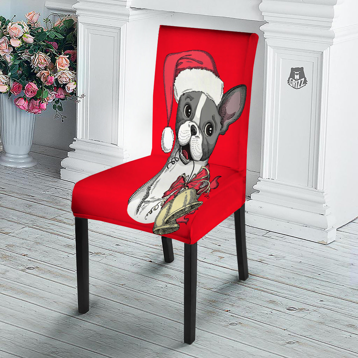 Santa Christmas French Bulldog Print Dining Chair Slipcover-grizzshop