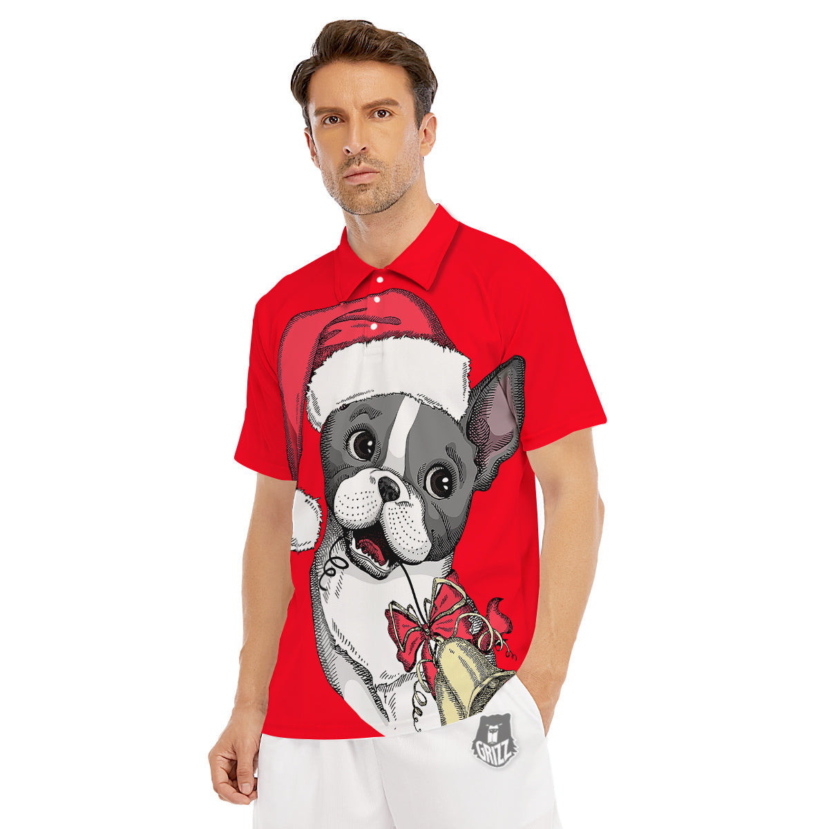 Santa Christmas French Bulldog Print Men's Golf Shirts-grizzshop