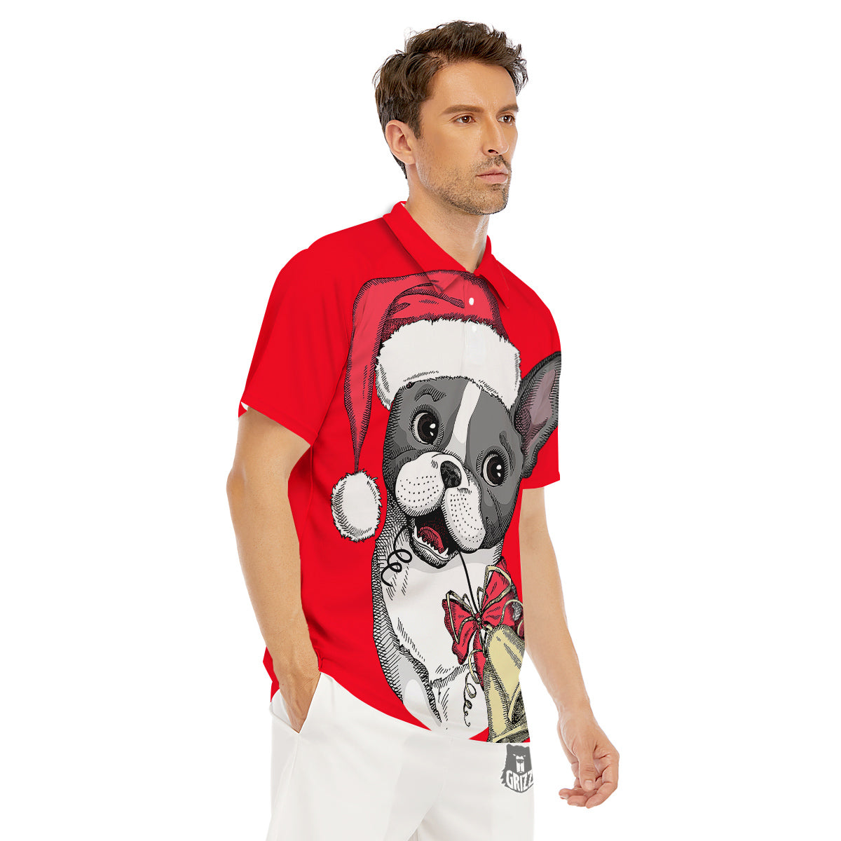Santa Christmas French Bulldog Print Men's Golf Shirts-grizzshop