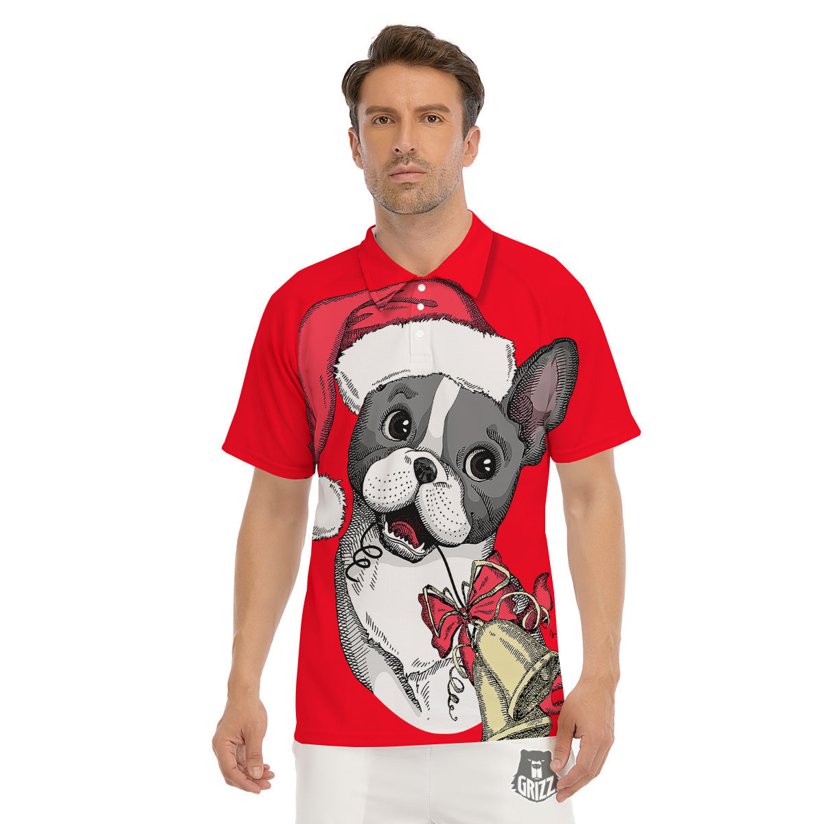 Santa Christmas French Bulldog Print Men's Golf Shirts-grizzshop