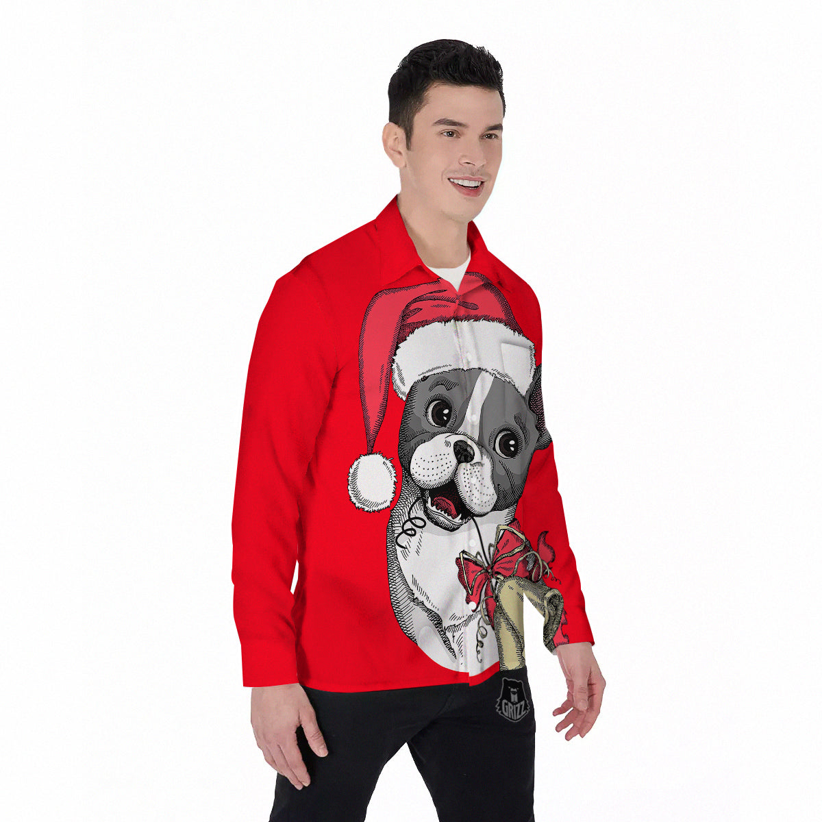Santa Christmas French Bulldog Print Men's Long Sleeve Shirts-grizzshop