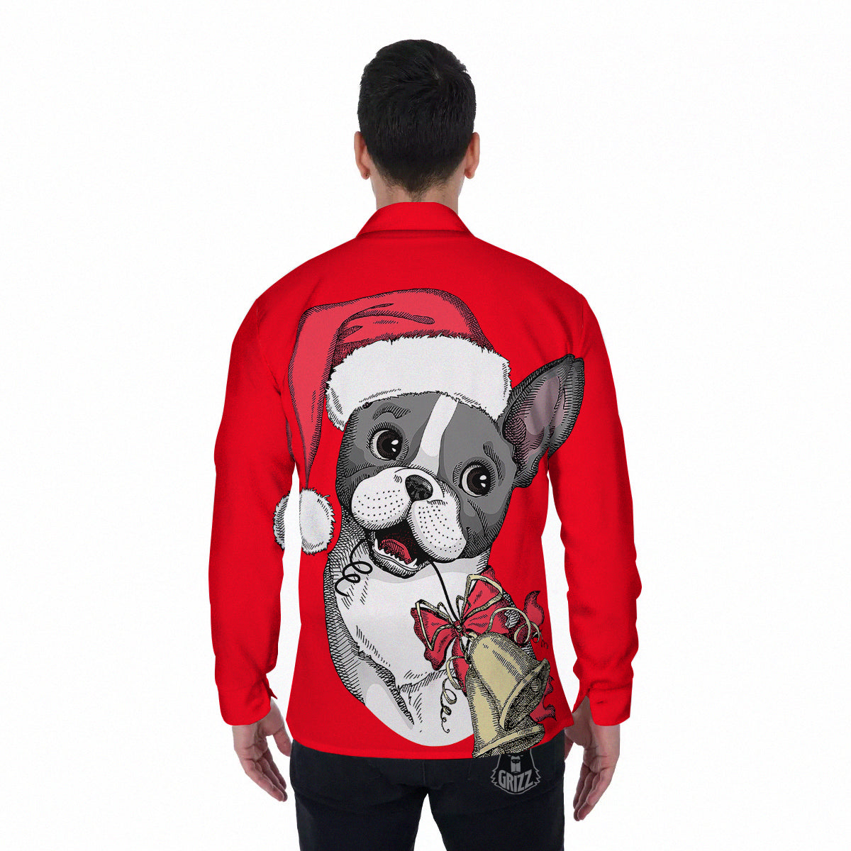 Santa Christmas French Bulldog Print Men's Long Sleeve Shirts-grizzshop
