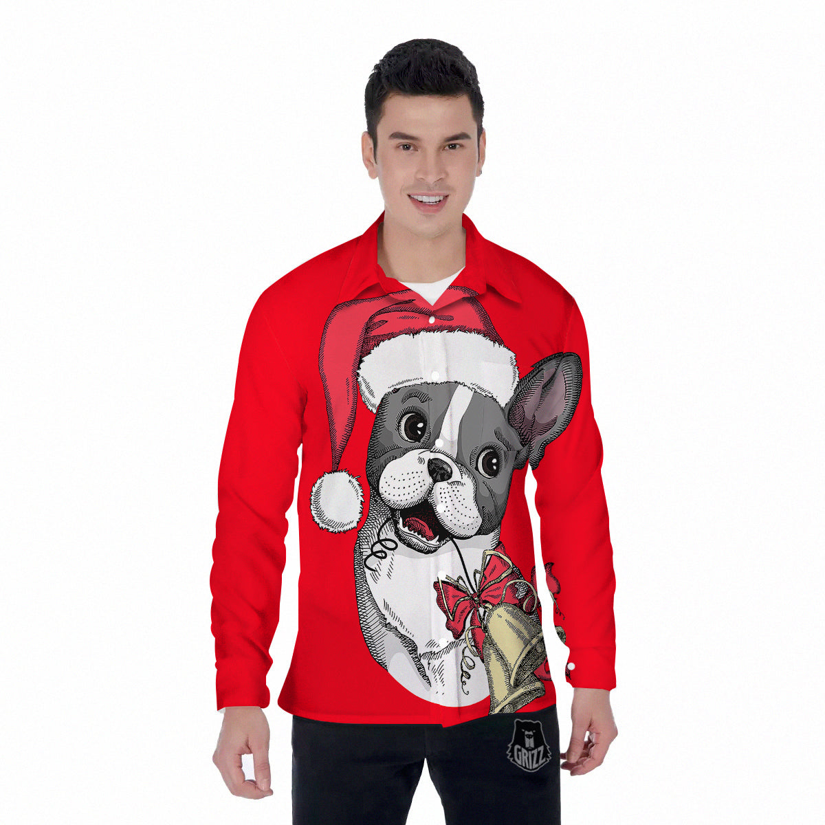 Santa Christmas French Bulldog Print Men's Long Sleeve Shirts-grizzshop
