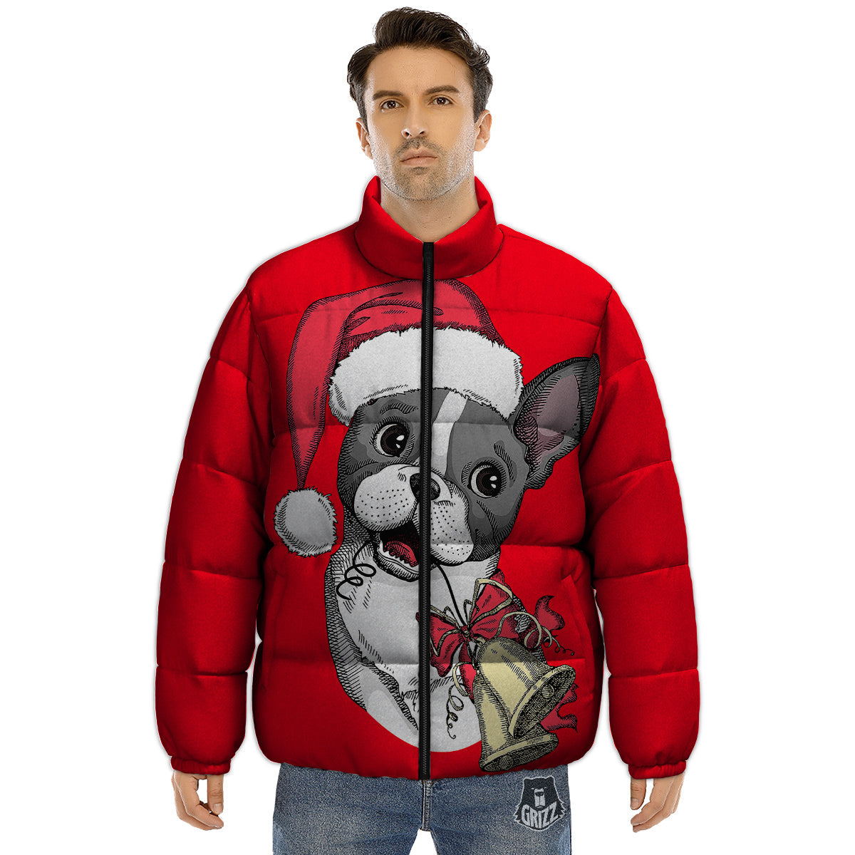 Santa Christmas French Bulldog Print Puffer Jacket-grizzshop