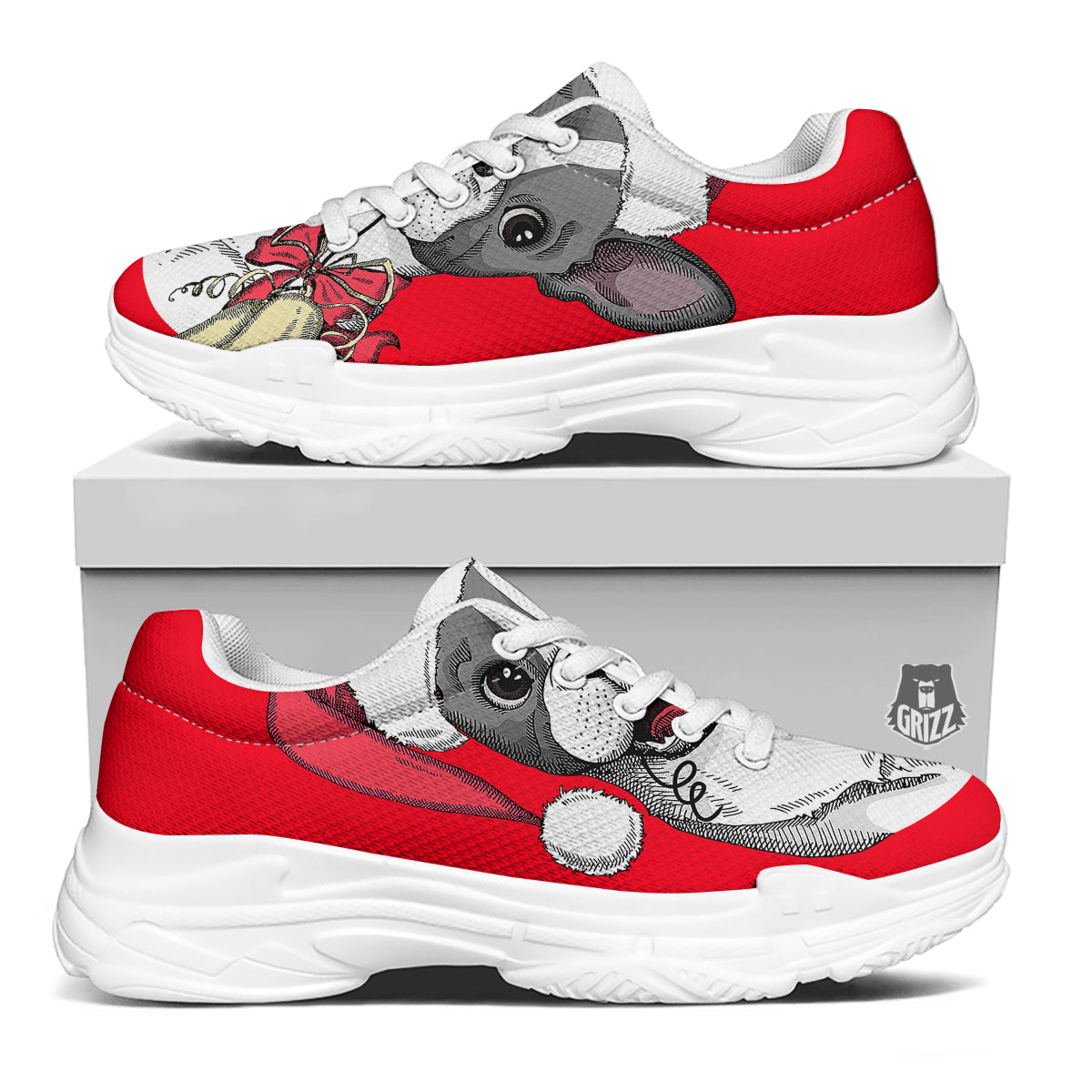 Santa Christmas French Bulldog Print White Chunky Shoes-grizzshop