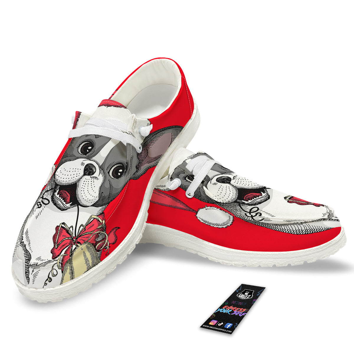 Santa Christmas French Bulldog Print White Loafers-grizzshop